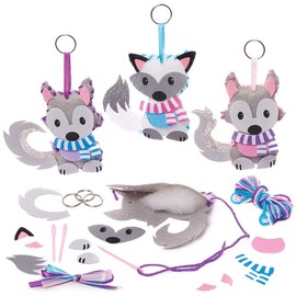 Baker Ross FX355 Arctic Fox and Wolf Keyring Sewing Kits - Pack of 3, Introduction to Sewing and Textiles for Kids, Arts and Crafts for Kids, Kids Keyring