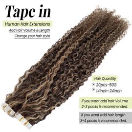 Tape in Hair Extensions 20 Pieces 50g 16 Inch Jerry Curly Human Hair Brown to Caramel Blonde Highlights Double Sided Tape ins