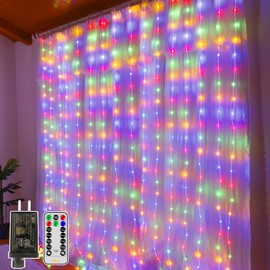 Ollny Curtain Lights 300LED 9.8ftx9.8ft, Connectable IP67 Waterproof Outdoor Curtain String Lights with Remote, Plug-in Untangle Fairy Lights with 8 Modes&Timers for Wall Backdrop Decor(Multicolored)