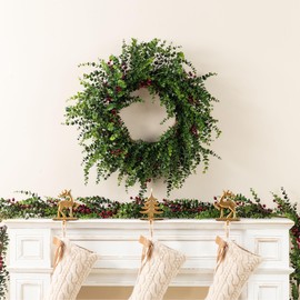 Glitzhome Set of 3 28"D Christmas Eucalyptus Wreath,1PC Artificial Wreath and Matching 2 PCS 9 FT Greenery Garlands with Red Berries for Windows, Walls, Front Door, Porch Indoor and Outdoor Home Decor
