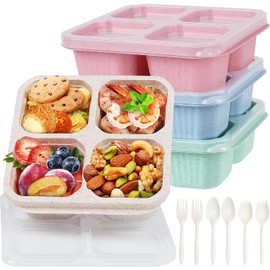 4 Pack Snack Containers, 4 Compartments Bento Snack Box, Reusable Meal Prep Lunch Containers with Spoons & Forks(Six), Divided Food Storage Containers for School Work Travel (Green/Blue/Pink/Beige)