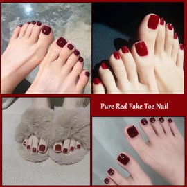 French False Toenails - Pure Red Fake Toe Nail - Stick on Toenails with Nail Glue - Acrylic Press on Toenails - Spring Summer Seaside Toe Nail Extensions for Women Girls