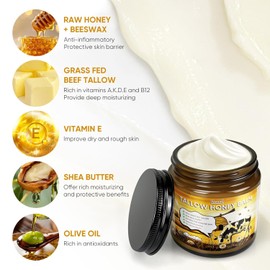 Beef Tallow for Face & Body - 4 Oz Organic Grass-Fed Beef Tallow Balm with Raw Honey Blend - Moisturizing Cream for Soft, Smooth Skin -All-Natural Deep Nourishing Tallow Balm for All Skin Types