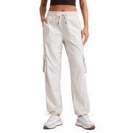 CRZ YOGA Lightweight Casual Cargo Pants for Women 30" Adjustable Ruched Straight Leg Work Travel Workout Athletic Hiking Pant Milky White (Bone) Small