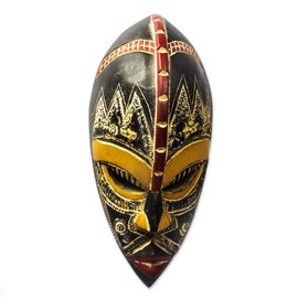 NOVICA Light Brown Handcrafted Nigerian Wood Wall Mask with Aluminum Accents, 'King's Companion'