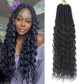 Long Deep Faux Locs Crochet Hair for Black Women 8 Packs 30 Inch Pre Looped Goddess Locs Crochet Hair With Deep Wave Curly Ends Prelooped Synthetic Crochet Braids,Lightweight(30",1B#)