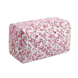 Gleyemor Small Quilted Makeup Bag for Women, Cute Floral Cotton Cosmetic Bag, Travel Toiletry Bag Period Bag Gifts for Her Mom Friend Sister Bridesmaid (Red Small Flower)