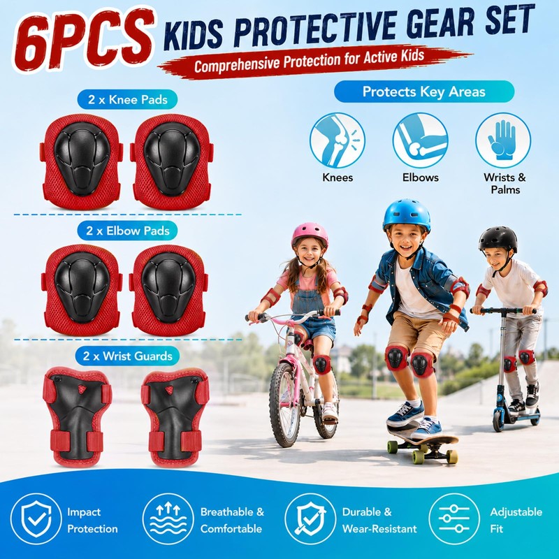 Lafefe 6PCS Red Kids Protective Gear Set Knee Elbow Wrist