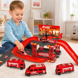 Kids Fire Station Parking Garage Toy Set – Multi-Level Vehicle Track Playset for Preschool Learning & Gifts