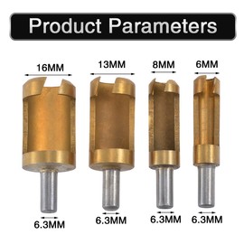 HOHXEN Wood Plug Cutter Set, 4 Pieces Titanium Coating Round Shank Carbon Steel Cylinder Type Wood Plug Hole Cutter Cutting Tool Drill Bit Set, Size -6 mm/8 mm/13 mm/16 m
