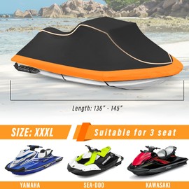 CoukouCover Jet Ski Cover, Heavy Duty Waterproof Jetski Covers, 3 Seater PWC Cover with Reflective Strips and Vents for Seadoo Yamaha Kawasaki Polaris, Fits Lengths from 136-145” (Black&Orange)