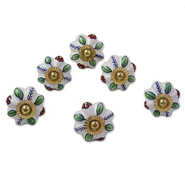 NOVICA Floral Ceramic Nickel Plated Brass Cabinet Knobs, Multi Color, 'Garden Glamour' (Set of 6)
