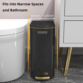 KSSKSS 2.6 Gallon Slim Bathroom Trash Can with Soft-Close Foot Pedal, 10L Stainless Steel Garbage Can with Removable Liner Bucket, for Narrow Spaces,Bathroom, Bedroom (Titanium Black)