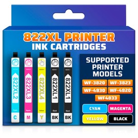 Reluen 5-Pcs 822XL Printer Ink Cartridges – High Capacity 2 Black & 3 Standard Color Combo Pack – Compatible with WF-3820, WF-3823, WF-4820, WF-4830, WF-4833, WF-4834 Printers