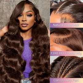 PIOGH 32 Inch Chocolate Brown Lace Front Wig Human Hair 13X6 Body Wave Lace Front Wigs Human Hair Pre Plucked 180 Density Colored Glueless 13X6 HD Lace Frontal Brown Wig Human Hair for Women