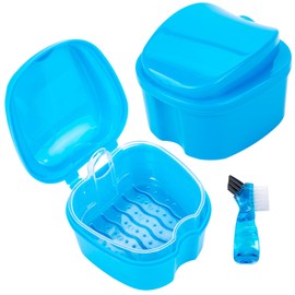 2pcs retainer case portable,denture box,denture bath case,denture soaking container box,orthodontic dental retainer box,plastic false teeth box,denture cleanning container with filter and brush-blue