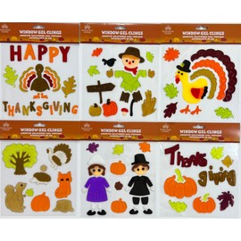 Fall Window Gel Clings: Thanksgiving Harvest Turkey Leaves Pilgrim Decorations for Home Office Business (Assortment 3)