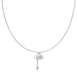 Bungsa Women's Padlock Necklace with Two Pendants in the Shape of a Padlock with Matching Key Made of 316L Stainless Steel, Brass, Crystal