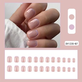 French Purple Edge Press on Nails Short Square Fake Nails Glossy Nude False Nails Reusable Stick on Nails Acrylic Artificial Nails for Women DIY Manicure Decoration 24Pcs
