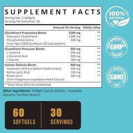 Zeylamum Cápsulas blandas de glutatión liposomal de 2400 MG, absorción máxima, forma activa reducida de L-glutatión (GSH), con ácido hialurónico, resv