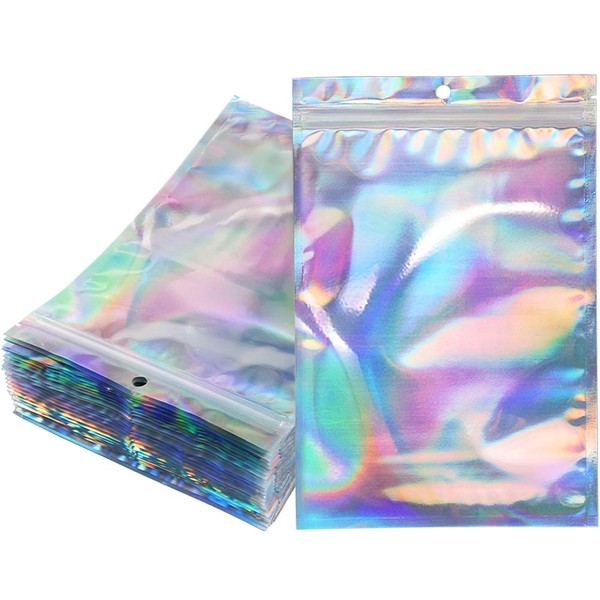 50pcs Holographic Foil Ziplock Bags 6x9 Inch, Resealable Mylar Sample Pouch Gift Baggies For Packaging Candy Jewelry Lash Lip Gloss