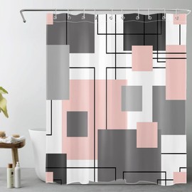 LB Black and White Geometric Shower Curtain Decor, Abstract Mid Century Grey and Pink Shower Curtains for Bathroom 60X72 inch Polyester Fabric Bathroom Decoration Bath Curtains Hooks Included
