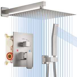 Shower System, 12 Inche Bathroom Luxury Rain Mixer Shower Combo Set Wall Mounted Square Rainfall Shower Head System Shower Faucet Fixture Combo Rough-in Valve Body and Trim Brushed Nickel