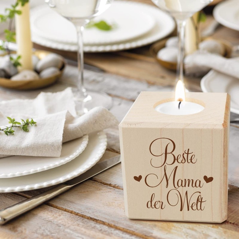 GRAVURZEILE Wooden Tea Light Holder with UV Print for Mum