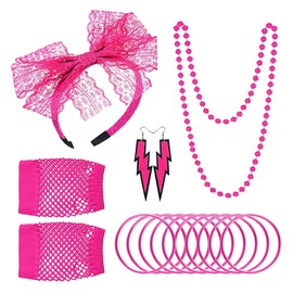 NITAIUN 80s Retro Party Costume Set 80s Costume Accessories, Lace Headband Plastic Necklace Earrings Neon Bracelet Fishnet Gloves Carnival Theme Party Cosplay, Pink, One Size