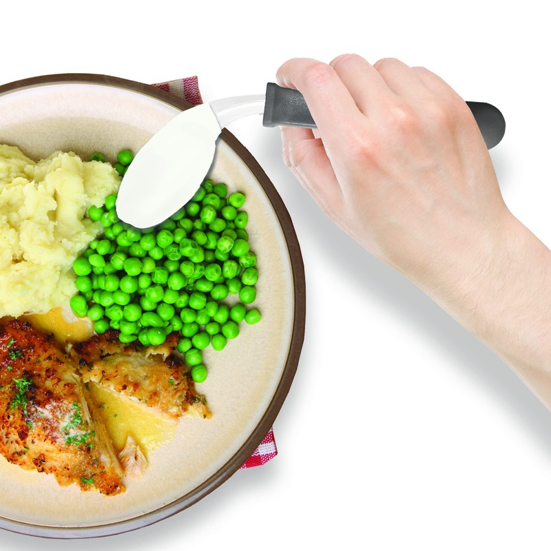 Rehabilitation Advantage Right Handed Grip Easy Coated Offset Spoon, Gray