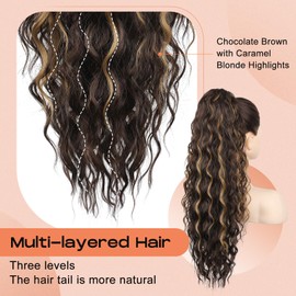 SEIKEA 24" Highlight Ponytail Extension Claw, PT002 Tia Long Multi Layered Fluffy Thick Wavy Jaw Clip in Fake Pony Tails Fake Hair Soft Natural Synthetic Hairpiece Chocolate Brown/Caramel Blonde