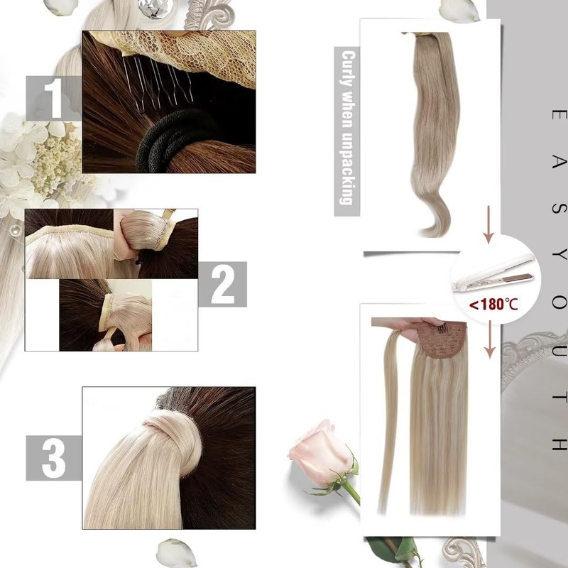 Easyouth Ponytail Extension Real Hair, Colour Ash Brown Mix Platinum