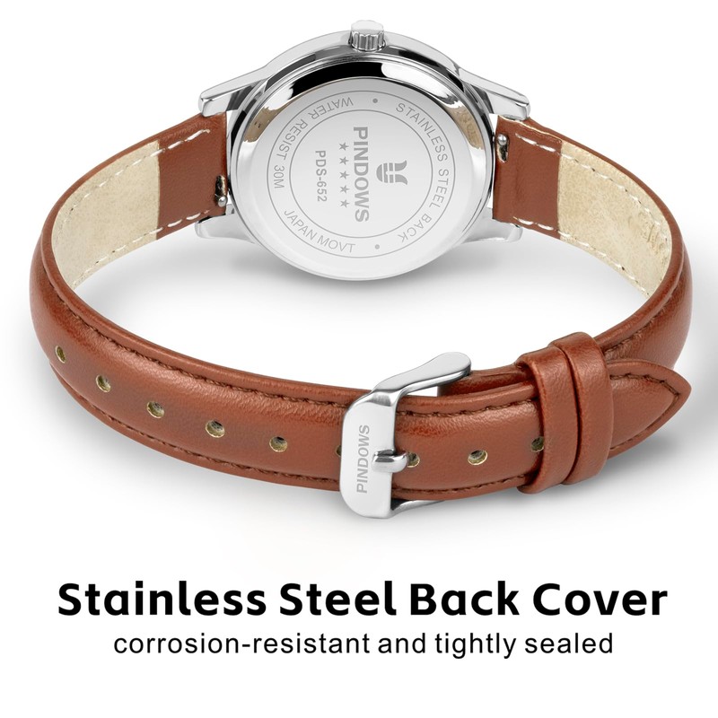 PINDOWS Minimalist Watches for Women, Gold-Tone Case with Black Leather