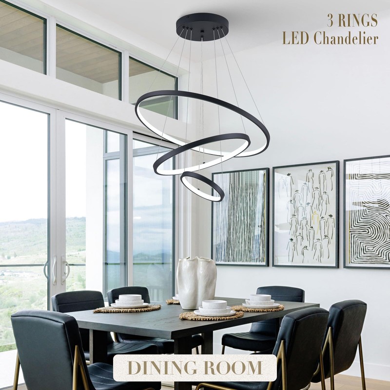 AIRYPHANT Modern LED Chandelier 3 Rings Black Chandelier Dimmable LED