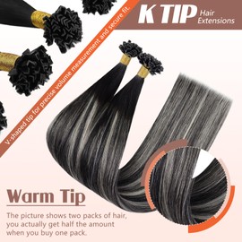 Sunny Hair K Tip Hair Extensions Real Human Hair Ombre Black K Tip Hair Extensions Natural Black Roots to Silver Grey Balayage for Daily Use 16inch 50g
