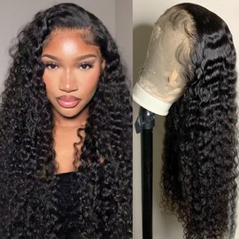 RENUS Human Hair Wig 13x4 Deep Wave Lace Front Wigs Human Hair 180% Density Deep Curly Wigs for Women Brazilian Wig HD Transparent Lace Human Hair with Baby Hair Glueless Wig Natural Black 28 Inch