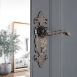 Infinity Decor Antique Black Fleur De LYS Pattern Lever Door Handle Set Cast Iron Key Lock Rustic Handle Pair