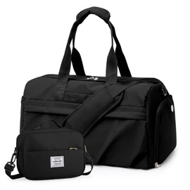 Gym Bag for Women Men, Sport Duffel Bag with Toiletry Bag & Shoe Compartment,Waterproof Travel Weekender Overnight Carry on Bag for Yoga with Trolley Sleeve, Black Set