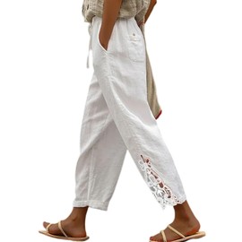 Jokeluck Women Casual Lightweight Drawstring Elastic Waist Cropped Linen Pants Fall Spring Slacks Capri Pants Trendy Fashion 2025 Beach Trousers with Pockets White Medium