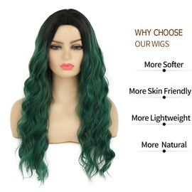 Swiking Curly Ombre Green Long Women Wigs Midele Part Synthetic Natural Wave Hair Black and Green Cosplay Costume Wigs