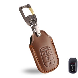 OLLEN Genuine Leather Key Fob Cover, Fit for Honda Civic Accord HR-V CR-V Pilot Sport SI EX EX-L Touring 2022-2025 2026~, Leather Smart Remote Key Protector, 5 Buttons, Brown