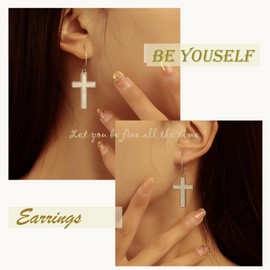Yienate Punk Cross Drop Earrings Vintage Silver Huggie Hoop Cross Earrings Religious Christian Cross Dangle Earrings Minimalist Statement Cross Charm Earrings for Women and Girls