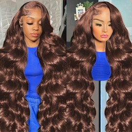 Tiwugi 34 Inch Brown Body Wave Wig Human Hair Pre Plucked 13x6 Frontal Wigs Human Hair 180% Density Chocolate Brown HD Lace Front Wig Body Wave Wigs for Black Women