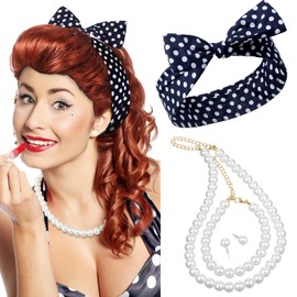 5 Pieces Women's 50's Housewife Set Include Red Wig Faux Pearl Necklace Stunning Bracelet and Dangle Earrings and Stretch Polka Dot Headbands