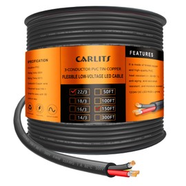 CARLITS 22 Gauge 3 Conductor Electrical Wire,150FT Black Stranded Low Voltage 22/3 Cable PVC Case, Flexible Extension Power Cord for LED Lamp