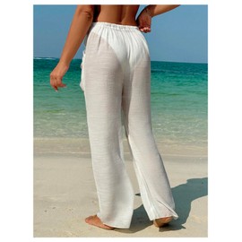 SHENHE Women's Beach Cover Up Drawstring High Waist Sheer Palazzo Pants Coverups with Pockets White Small