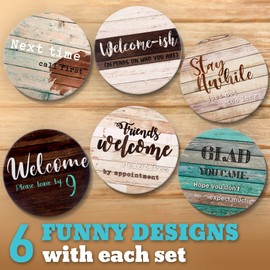 Funny Coasters for Coffee Table - 6 Sarcastic Absorbent Stone Cork Drink Coasters, Farmhouse Bar Coasters for Drinks with Holder, Cool Housewarming Gift, New Home - Cup Coster for Wooden Table