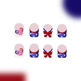 Short Square Patriotic Press on Nails 24Pcs 4th of July Fake Nails Acrylic Full Cover False Nail Fourth of July Gel Glue on Fingernails Glossy Blue French Stick on Nail for Holiday Manicure Art