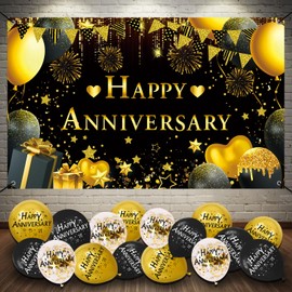 Happy Anniversary Banner Black Gold, Happy Anniversary Decorations for Men Women, XL, 5.9x 3.6Ft, 18Pcs Happy Anniversary Balloons Party Backdrop Decor for Wedding Anniversary Decorations Kit Supplies