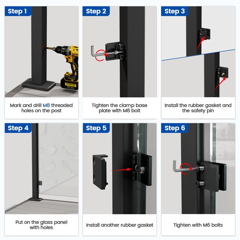 Muzata 8Pack Adjustable Glass Clamp for Thickness 5/16"-1/2"(8mm-12mm) Black Square